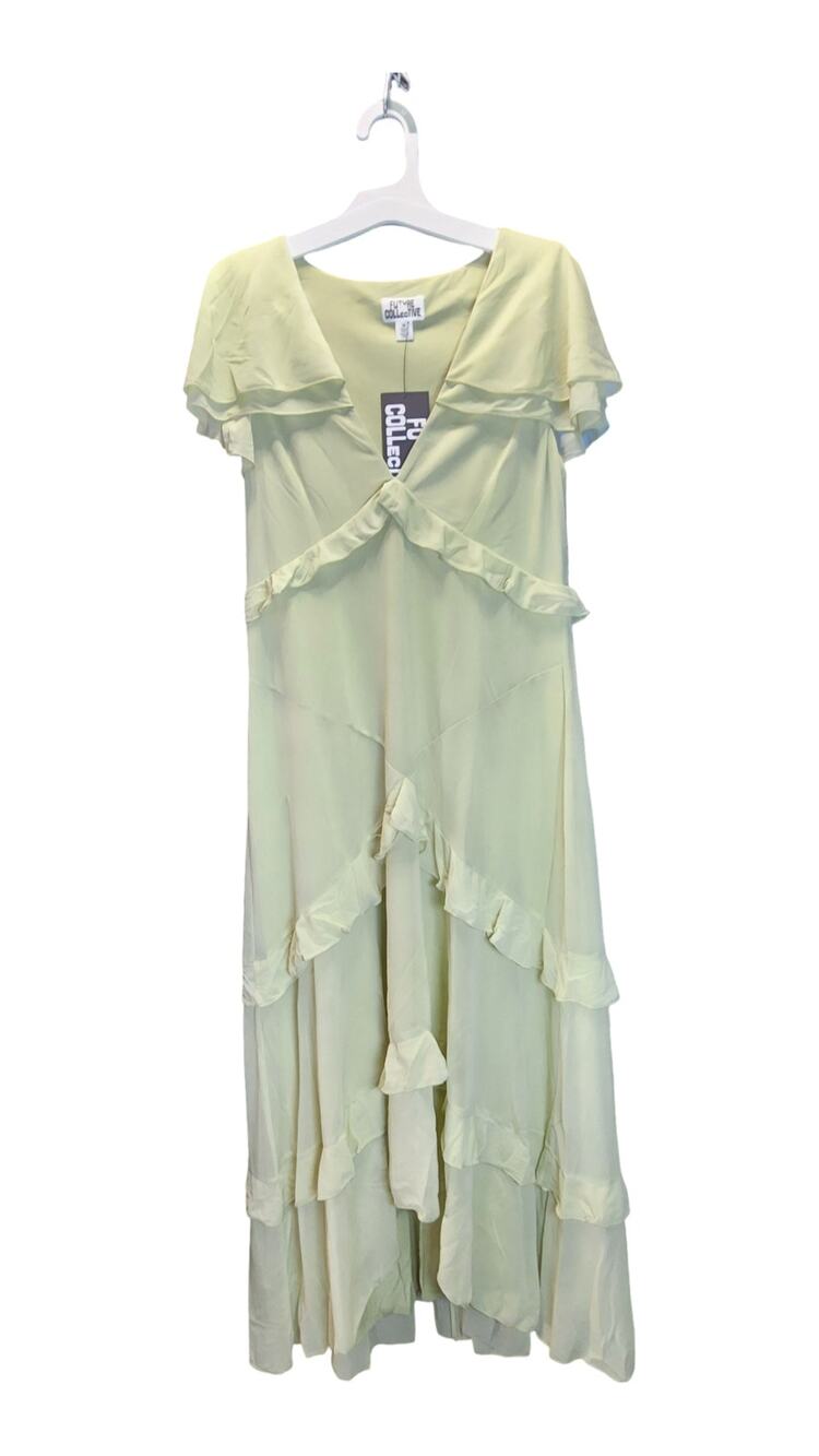 Future Collective Light Green Ruffle Cape High-Low Maxi Dress Size Medium NWT